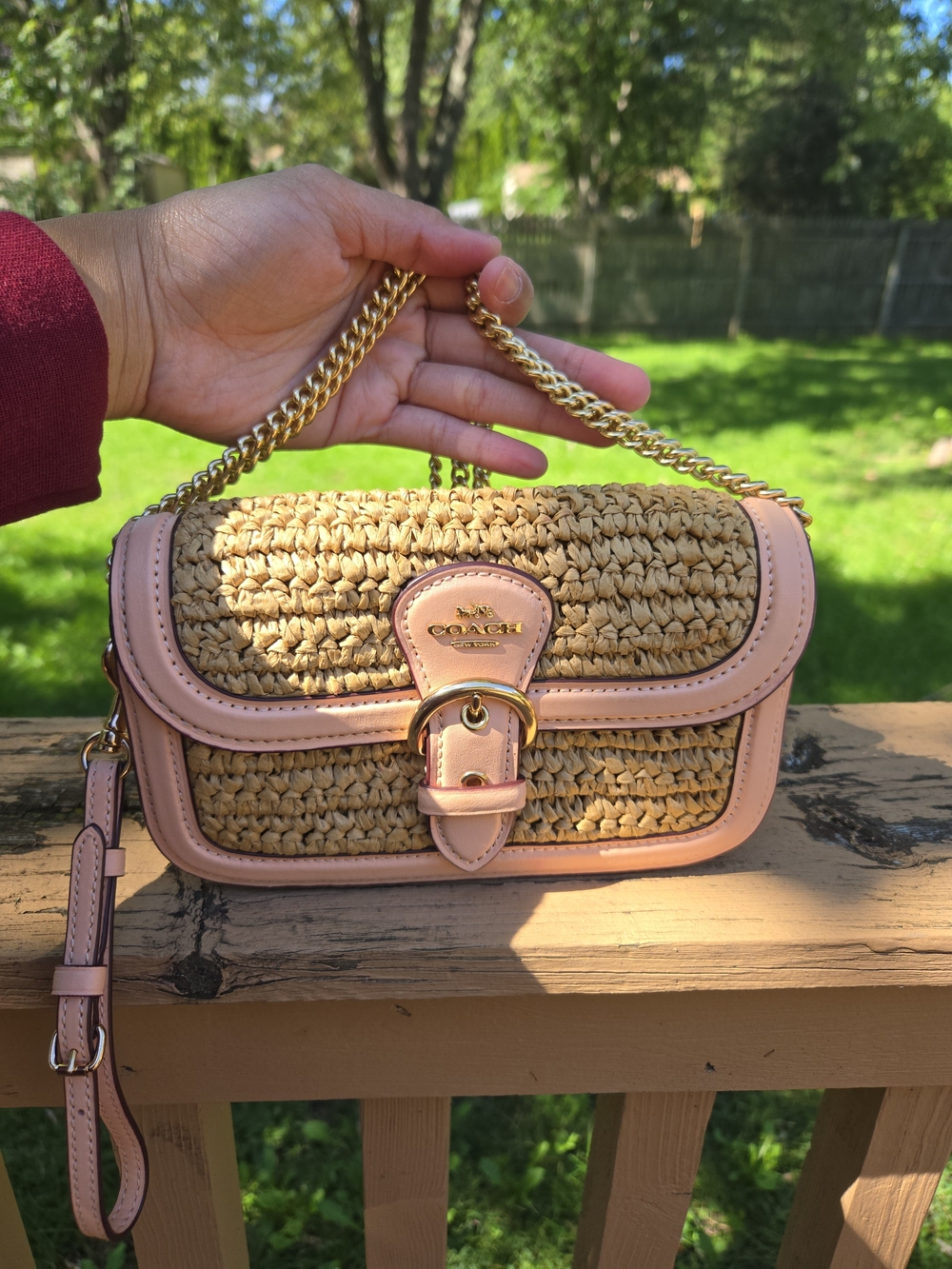 Coach Straw Pink Leather Trim Two-way Bag #C9925